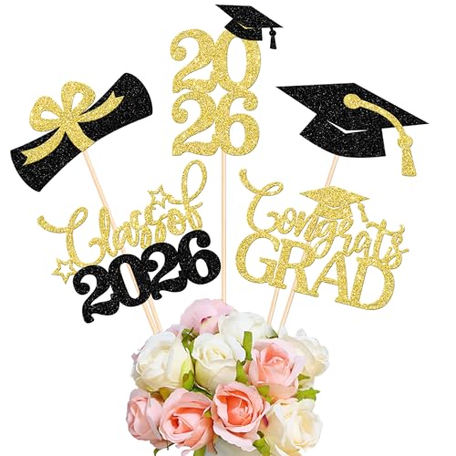 Rsstarxi 15 Pack 2026 Graduation Party Decorations, Gold Glitter 2026 Graduation Centerpieces for Tables Class of 2026 Graduation Table Decorations for Congrats Grad 2026 Table Toppers Decorations