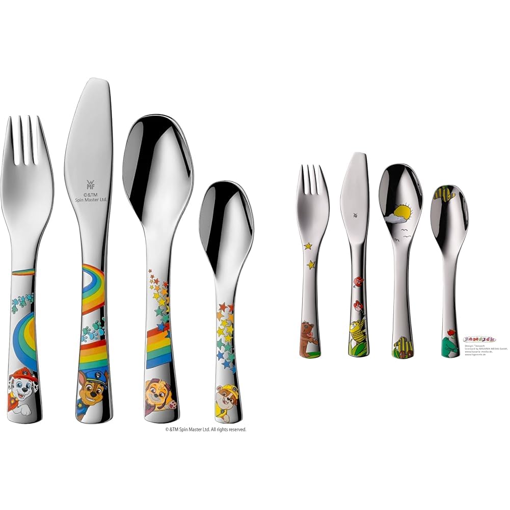 WMF Paw Patrol Kinderbesteck Set 4-teilig & Janosch Kinderbesteck Set 4-teilig, Edelstahl, Besteck für Kinder ab 3 Jahre, Cromargan Poliert, Spülmaschinengeeignet