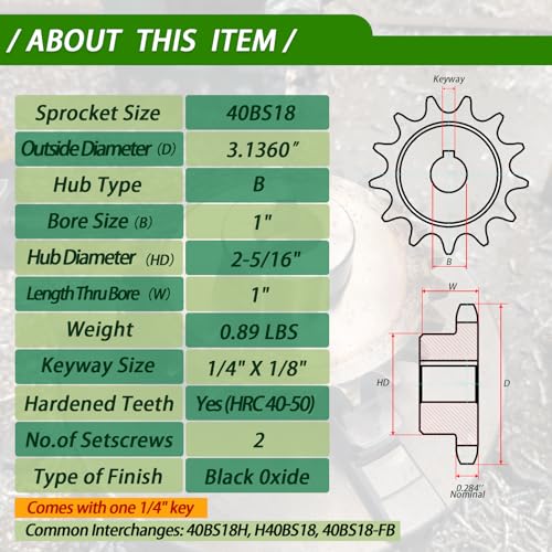 Image of #40 Roller Chain Sprocket 18 Tooth 1 inch Bore (1 /4 inch Keyway) Black Oxide Rust-Proof with 2 Set Screws & Key Included for Mini Bike Go-Kart Balanced Performance, Hardened 1045 Steel 40BS18-1