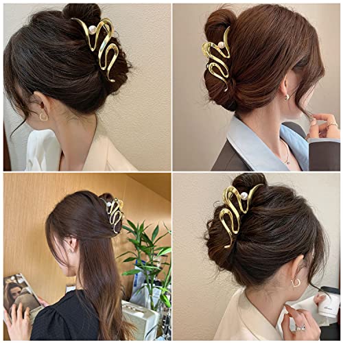 Gold Metallic Ribbon-Shaped Pearl-Encrusted Hair Claw, Large Size, 1Pcs, Suitable For Women With Thick Hair And Thin Hair, Strong Hold, Stylish Hair Accessory Must-Have For Girls (Gold Ribbon) #TOP3