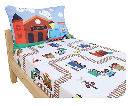 Everyday Kids Toddler Fitted Sheet And Pillowcase Set -Choo Choo Train- Soft Breathable Microfiber Toddler Sheet Set #TOP4