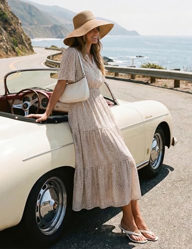 Image of ZESICA Women's 2026 Summer Spring Floral Boho Maxi Dresses Casual Short Sleeve V Neck A Line Flowy Beach Vacation Dress