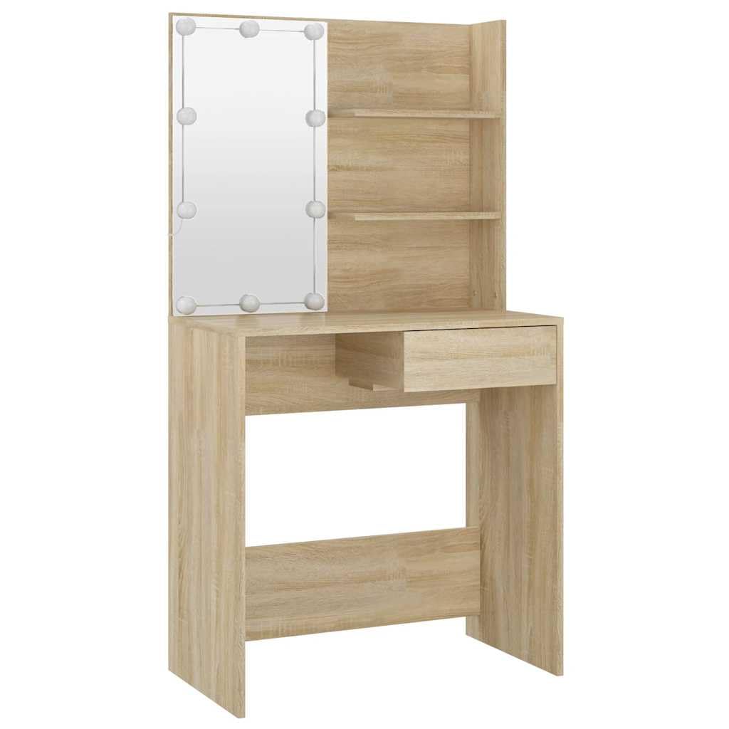 Toaletka z diodami LED dąb Sonoma 74,5 x 40 x 141 cm, materiał drewnopochodny z szufladą i półkami, toaletka z lustrem, oświetlenie LED, miejsce do przechowywania do sypialni i łazienki