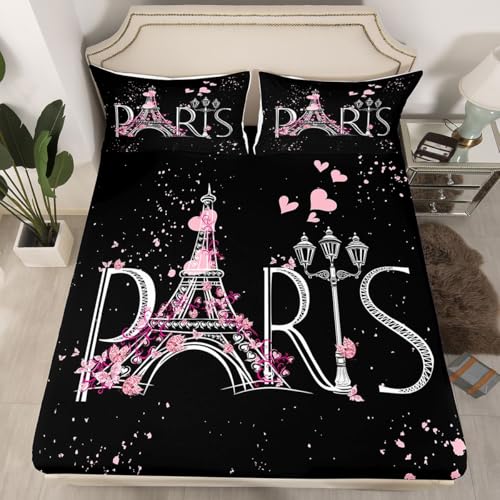 Eiffel Tower Bed Sheet Set Chic Paris Bedding Set Romantic Theme Fitted Sheet for Boys Girls Kids Teens Black Pink Bedroom Decor Modern French Bed Cover No Flat Sheet Twin Size with 1 Pillow Case