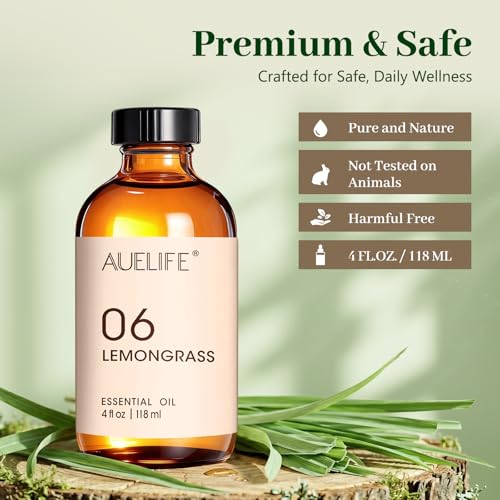 Image of Auelife Lemongrass Essential Oil, 4 Fl Oz Diffuser Oil for Home Fragrance,Candle & Soap Making, Room Spray DIY, Glass Bottle with Dropper