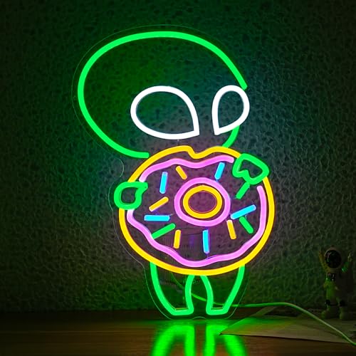 Image of Alien Donuts Neon Sign Green Alien Neon Light for Wall Decor Donuts Led Lights Up Sign for Bedroom Dessert Shop Bakery Party Decoration Gift Fast Food Shop Cool Light Sign 16.5 * 11.4 IN