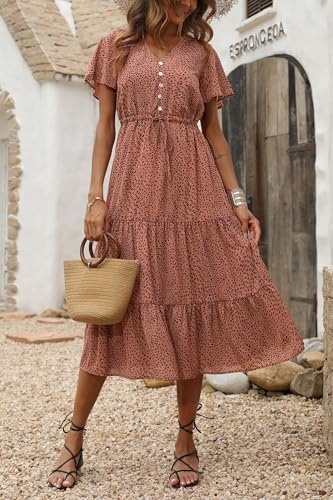 PRETTYGARDEN Summer Floral Dress for Women 2025 Casual Boho Short Sleeve Maxi Dresses V Neck Tiered Flowy Beach Sundress