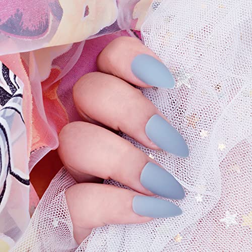 Umillars 24pcs Matte Pure Color Stiletto Nails False Gel Nails Art Tips Sets Full Cover Medium Almond Shape Acrylic Fake Nail Tips Gel (Matte Gray)