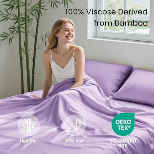 Image of Love's cabin 4 Piece Queen Sheet Set, 100% Rayon Derived from Bamboo, Cooling & Breathable, Soft Silky Deep Pocket up to 16 inch, Hotel Luxury Bedding for Hot Sleepers, Lavender