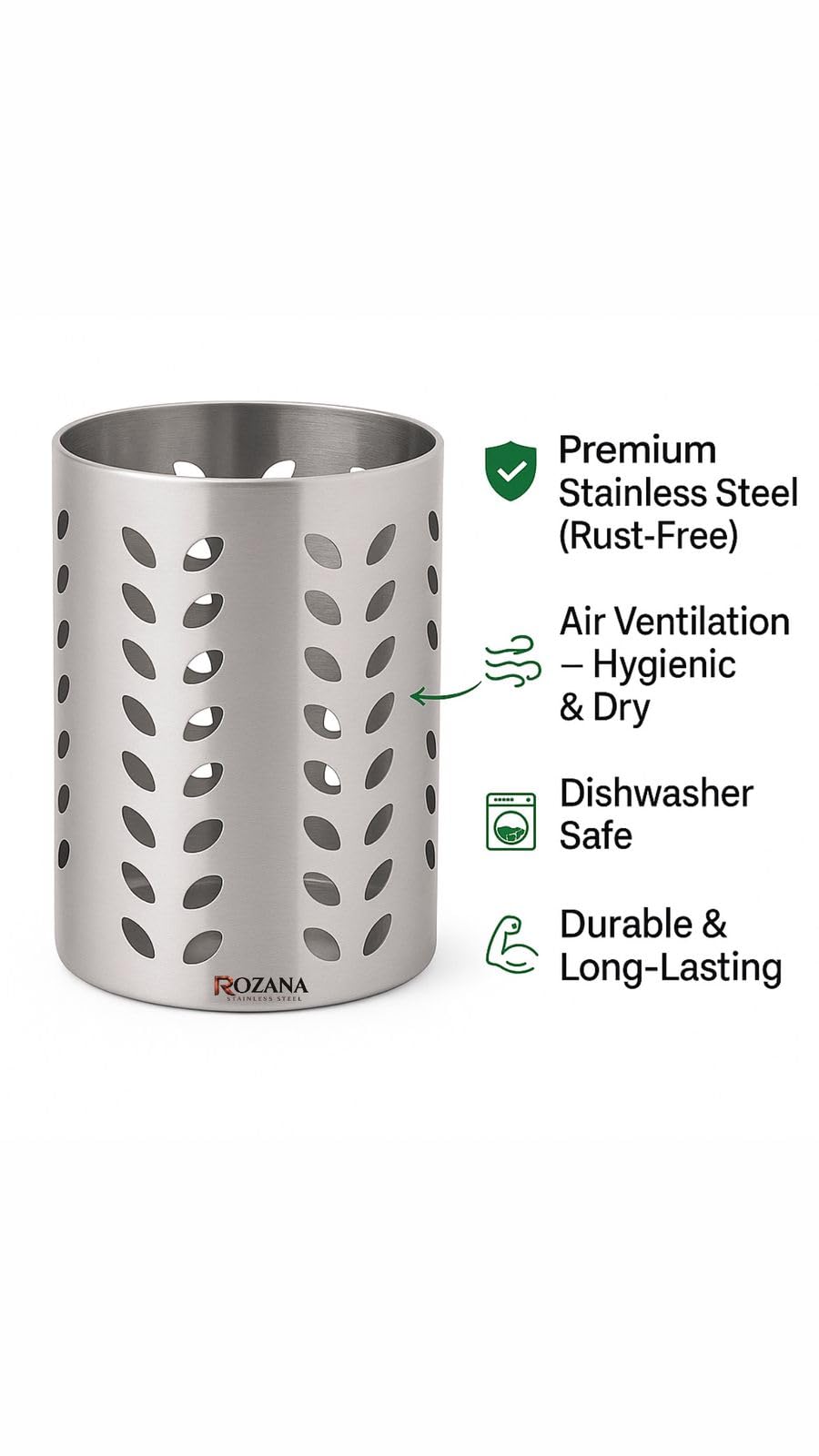 Premium Stainless Steel Cutlery Stand | Rust-Free Kitchen Utensil Holder with Air Ventilation | Dishwasher Safe Spoon, Fork & Knife Stand | Silver (9 x 11 cm) — Amazon image 2