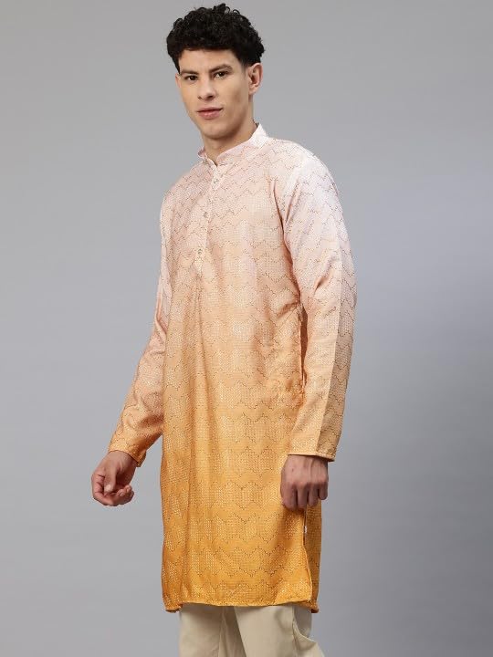 Image of Luxrio Men's Ombre Shaded Sequence Self Embroidered Textured Long Kurta Full Sleeves - Casual Ethnic Wear