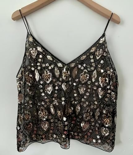 Women V Neck Sequin Cami Top Sexy See Through Strape Camisole Cute Beaded Top Going Out Party Outfits2