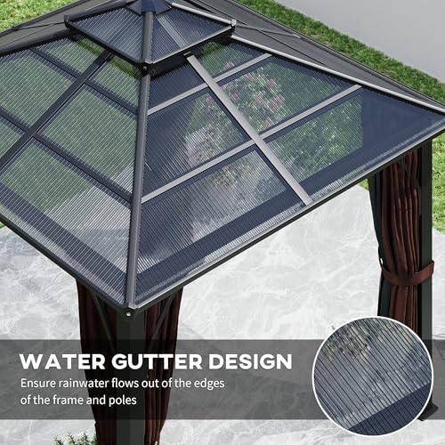 Outsunny 3 x 3 m Hardtop Gazebo Canopy with 7 mm Polycarbonate Double Tier Roof, Garden Gazebo Permanent Pavilion with Mosquito Netting and Curtains for Patio and Deck - Image 6