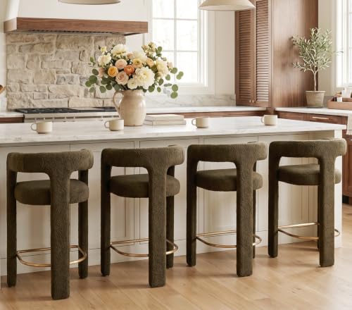 Image of HNY Modern Barrel Bar Stools Set of 4, 26 Inch Upholstered Sherpa Counter Height Bar Stools with Open Back and Armrests for Kitchen Island, Home Bar, Dining Room, No Assembly, Green