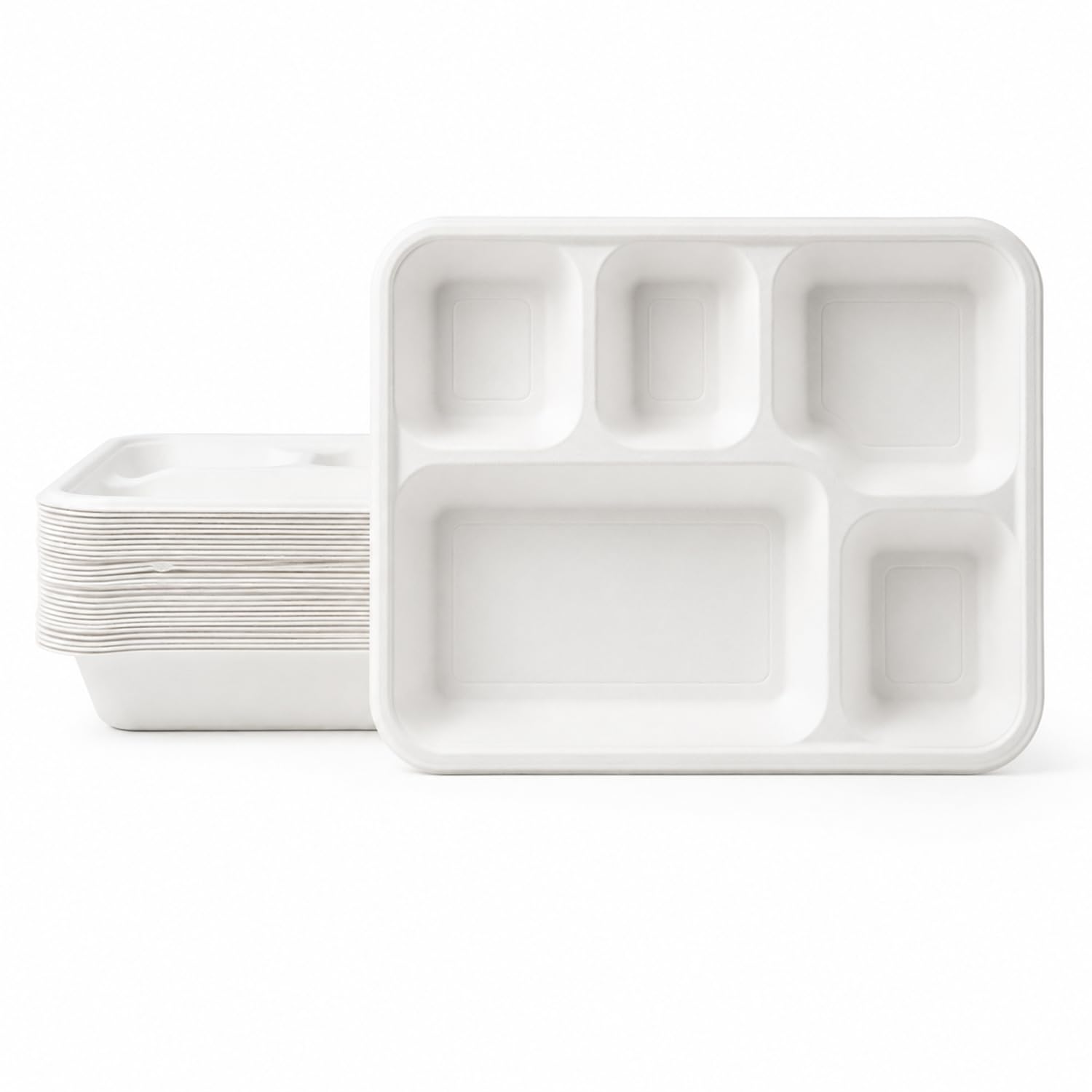 Bonkaso 5 Compartment Bagasse Square Meal Tray Pack of 25 | Disposable Sugarcane Plates | Eco-Friendly & Plastic-Free | Heavy Duty, Microwave Safe Food Serving Trays for Parties, Events & Catering