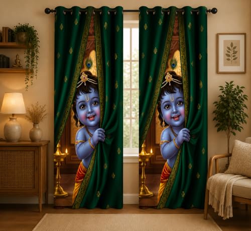 Image of Bal Krishna Green Digital Eyelet Curtain| Mandir /Home Decor 6Ft 1pc