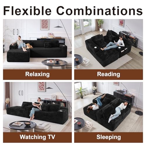 Image of Cloud Sofa Sectional Couch with L-Shape Chaise, Modern Corduroy Boneless Modular Sofa with Cup Holder for Living Room and Apartment, Deep Seat Floor Couch No Assembly (Black, Right Facing Chaise)