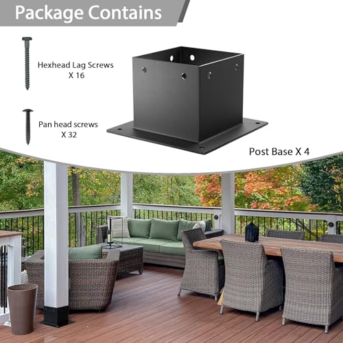 Image of 4x4 Stainless Steel Deck Post Base 4pcs | Internal 3.5 inchX3.5 inch| 13ga Thick Matte Black Powder Coating Post Anchor , 4x4 Post Bracket for Wood Posts, Fence, Deck Railing, Handrail Railing Support