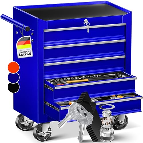 Masko® Carrello da officina - 5 Scomparti - Blu | Chiudibile a chiave | Metallo massiccio | Carrello mobile per attrezzi senza...