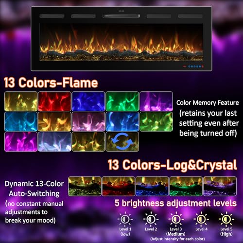 Image of 88 inch Electric Fireplace, Recessed or Wall Mounted, 5.5 inch Deep, 750W /1500W Quartz Heater, WiFi App, Alexa and Google Home, 13 Flame Colors
