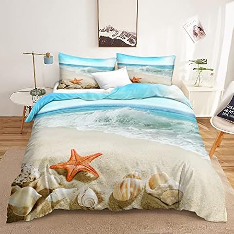 Bedbay Coastal Bedding Set King Size Ocean Beach Duvet Cover Set Conch Seashell Starfish Printed Tropical Bedding Set with 2 Pillowcases (Conch, King) Cover