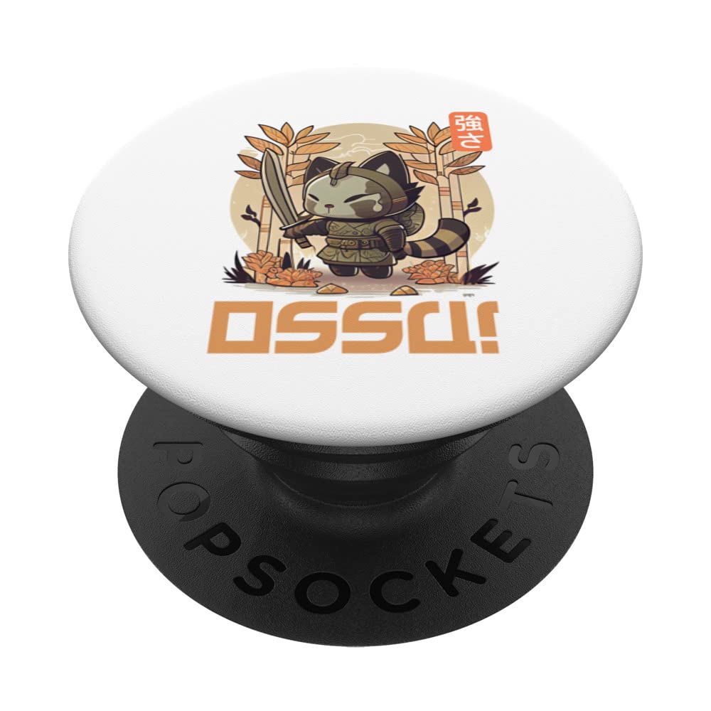 Ossu! Bamboo Garden Kitten Samurai Graphic for Girls Boys PopSockets Swappable PopGrip, Black