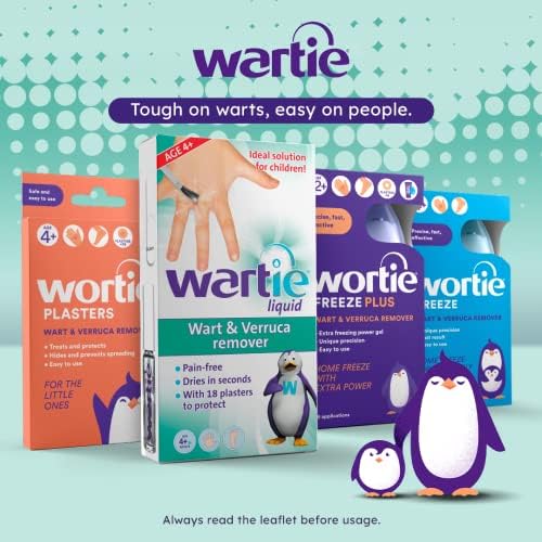 Wartie Liquid Verruca and Wart Remover - Safe For Adults and Children Aged 4+ - Fast Acting Wart and Verruca Treatment For Hands and Feet - Fast Drying With 18 Protective Plasters Included