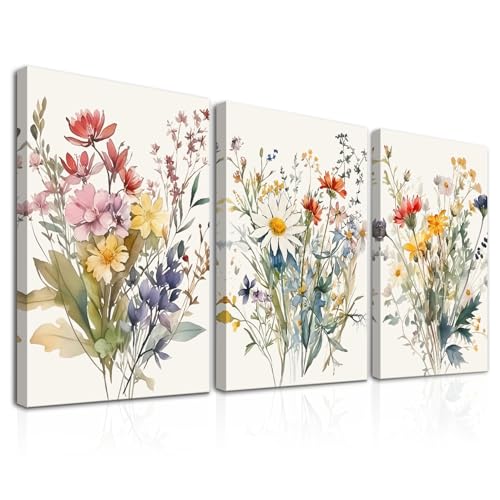 Acuarela Flor Decoración de Pared Minimalista Set de 3 Cuadros de Flores Silvestres 30x40 cm