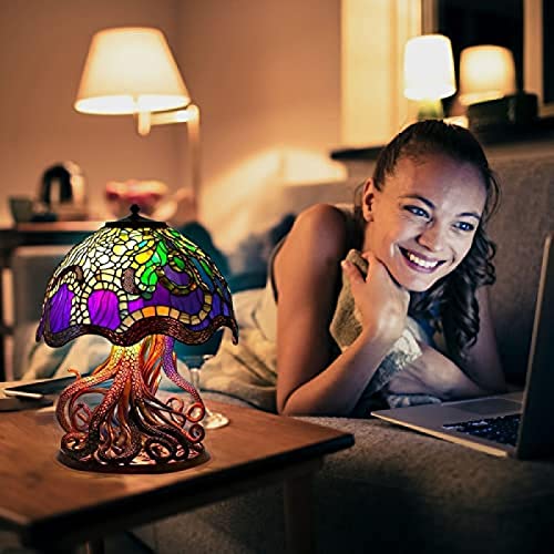 Atsbay Painting Glass Mushroom Table Lamp, 5.9 Inch Hight Stained Glass Plant Series Night Light, Bohemian Resin Mushroom Decorative Bedside Lamp For Bedroom Living Room Home Office Decor Gift E #TOP4