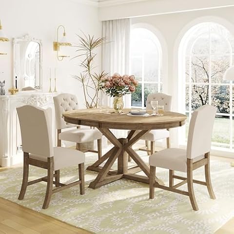 LUMISOL Extendable Dining Table Set for 4-6 Persons, Farmhouse Kitchen Table Set with Extendable Round Table and 4 Upholstered Chairs, Natural Cover