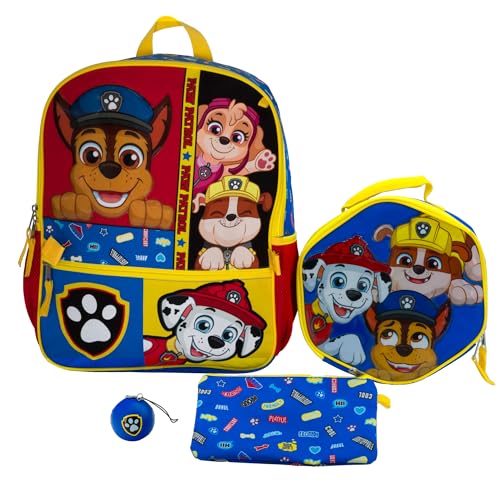 AI ACCESSORY INNOVATIONS Paw Patrol Peeking Pups 4 Piece Backpack Set for Boys & Girls, Featuring Chase, Marshall, Rubble, & Skye, Kids School Bag, Blue