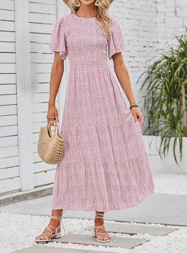 Image of ZESICA Women's 2026 Summer Boho Floral Maxi Dresses Casual Short Flutter Sleeve Smocked Tiered Flowy Dress
