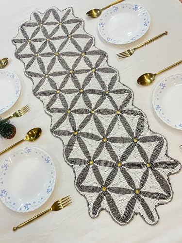 Image of Handmade Silver Gold Beaded Dining Table Runner | Decorative Console Runner for Dining Table, Festive Home Decor & Elegant Gifting | Luxury Handcrafted Bead Work Table Runner