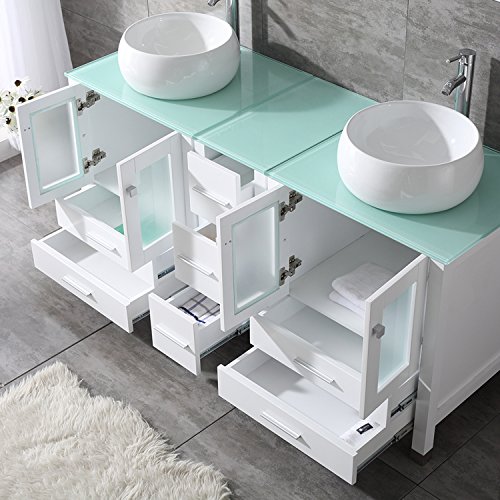 Bathjoy 60" White Double Wood Bathroom Vanity Cabinet And Round Ceramic Sink W/Mirror Combo Wash Basin With Faucet #TOP3