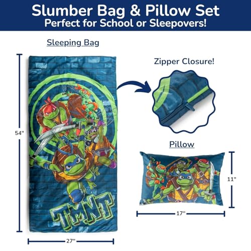 Image of Jay Franco Kids Slumber Bag and Pillow - 54 x 27 Inch Comfy Indoor Sleeping Bag for School and Sleepovers, 2 Piece Set, Blue - Teenage Mutant Ninja Turtles