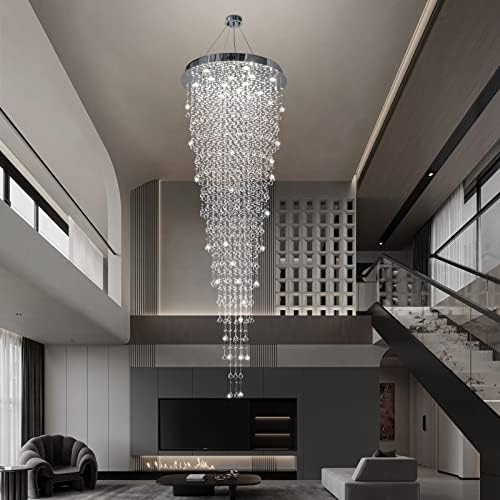Modern Large Crystal Chandelier for High Ceilings, Raindrop Round Large Foyer Chandelier, Luxury Flush Mount Ceiling Light Fixture for Stairse Entryway Living Room Dia 32" x H 96"-12 Lights