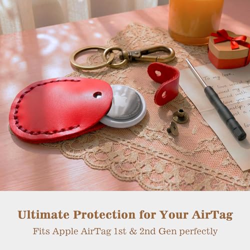 Genuine Leather Airtag Holder Compatible with Apple AirTag Keychain 2nd & 1st Gen, Handmade Air Tag Holder with Key Rings, Hidden Airtag Case Accessories - True Red by Q1T5 - Used condition - Image 3