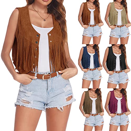Generisch Cowgirl Weste Damen Vintage Outfit Fransenweste Klassisch Cowboy Kostüm Kostüme Frauen Cowboyweste Dame Retro Hippie Cow Girl Fasching Faschingskostüme Wilder Westen Western Braun S