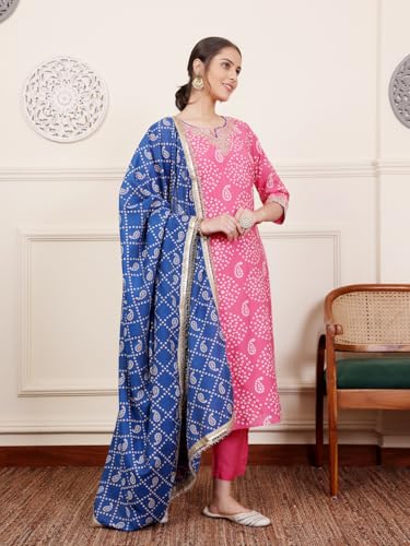 Image of SAVI Women's Chanderi Silk Bandhani Printed Kurta Set with Pure Cotton Bottom & Dupatta | Ethnic Straight Kurti Suit Set for Festive & Casual Wear