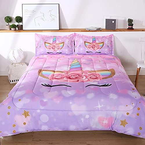 Oecpkd Unicorn Comforter Set 3pc Pink Flower Girl Soft Unicorn Kid's Bedding Sets