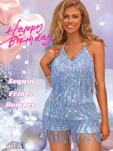 Image of Kaei&Shi Sequin Fringe Romper,Sparkly Glitter Metallic Jumpsuits For Women,Backless Shorts Dress Disco Birthday Dance Outfit