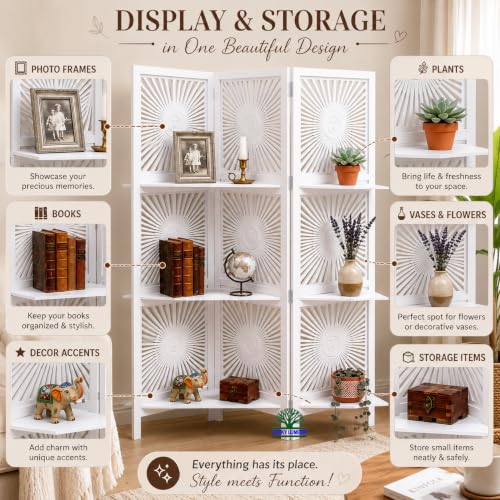 Image of 3 Panel Wooden Room Divider Partition with Shelves, Folding Privacy Screen for Living Room & Bedroom, Decorative Jali Design, 60 x 72 Inch, Sun White with Shelves