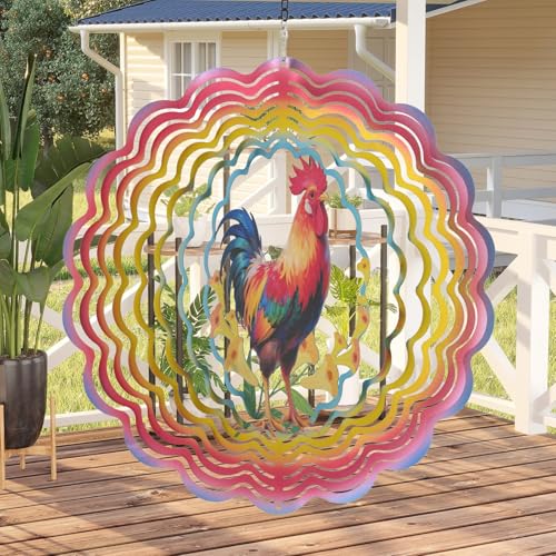 Image of Eandisom Wind Spinners Outdoor Chicken - Birthday Gifts for Women Mom Grandma, Rooster Deocr Hanging Wind Spinner 12 inch 3D Wind Sculptures for Garden Decor for Outside, Patio, Yard, Outdoor