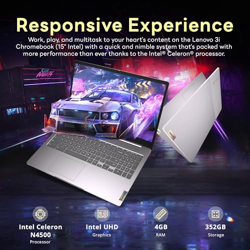 Image of Lenovo Ideapad 3 15.6 inch FHD Chromebook, Intel Celeron N4500, 4GB RAM, 352GB Storage (64GB SSD+288GB Docking Station Set), ‎Intel UHD Graphics, Full Size Keyboard, Chrome OS, Artic Gray
