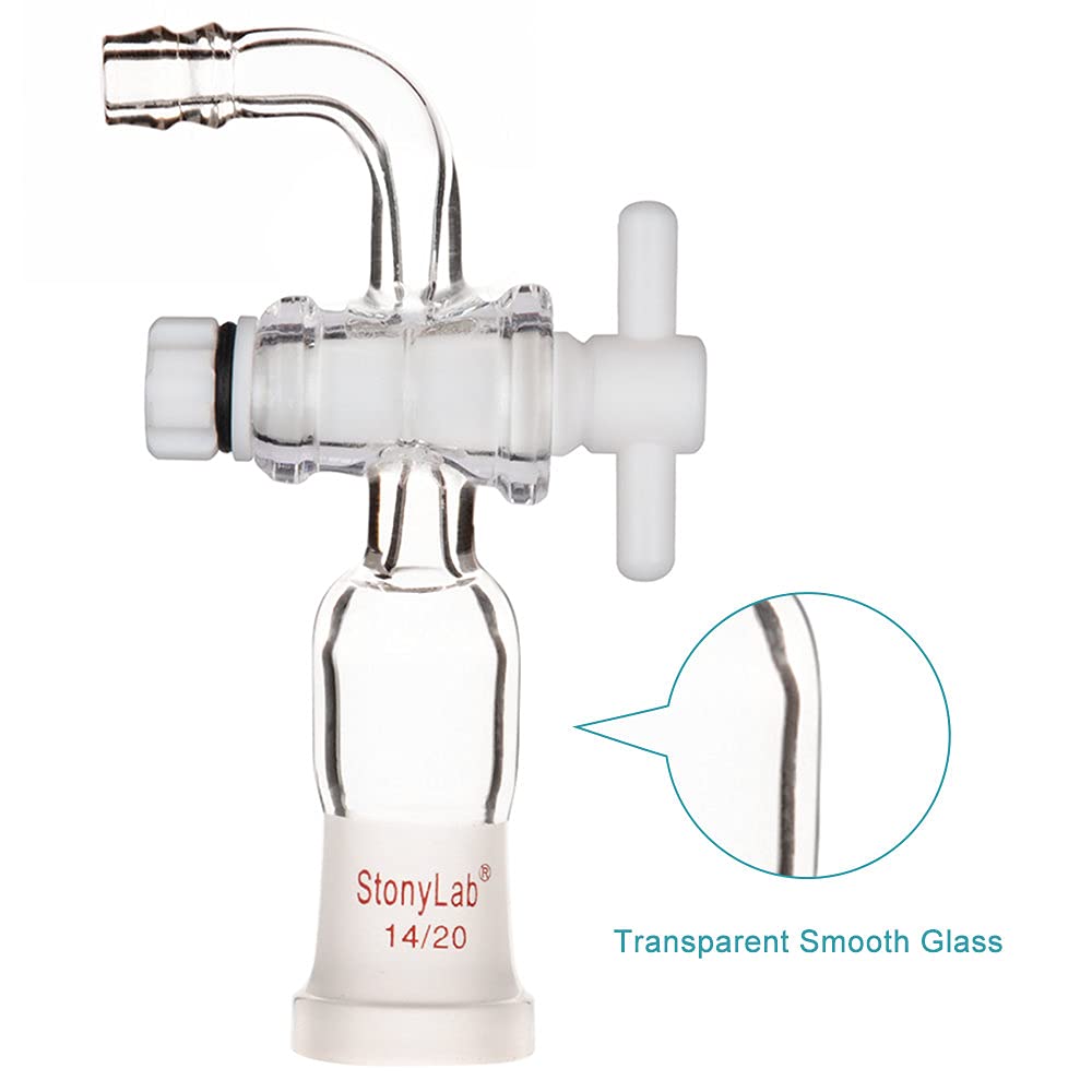 stonylab Adaptateur de Contrôle de Débit de Vide, Adaptateur en Verrerie avec Robinet D'arrêt en PTFE et Raccord de Tuyau Coudé, Adaptateur de Joint Extérieur Standard 14/20 pour Laboratoire Chimie