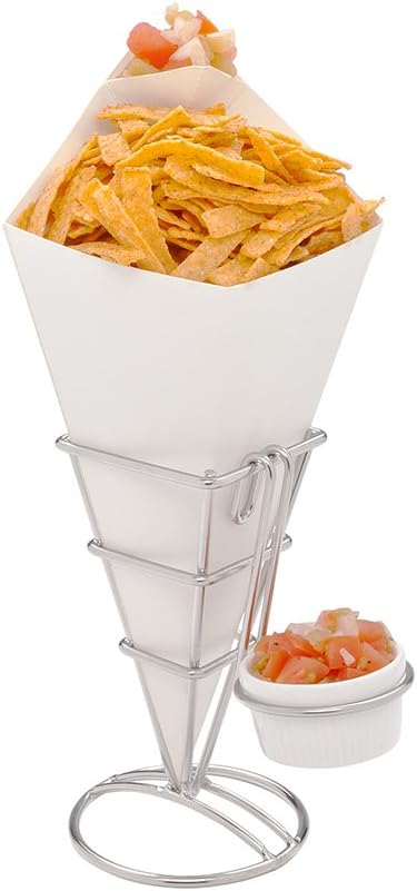 Restaurantware Conetek 10-Inch Eco-Friendly White Finger Food Cones with Built-in Condiment Dipping Pocket: Perfect for Appetizers - Food-Safe Paper Cone - Disposable and Recyclable - 100-CT