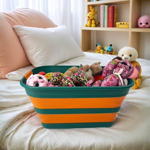 Image of SAMMART Collapsible Plastic Laundry Basket with Handle /Foldable Pop Up Storage Hamper /Portable Laundry Organizer-Space Saving Washing Tub /Household Storage (Teal Green /Autumn leaf, 27L (Set of 2))