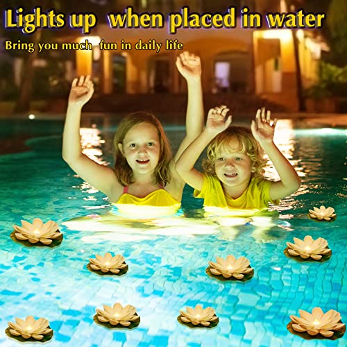 Hortsun 9 Pack Floating Pool Lights Lotus Flower Lantern Artificial Foam Led Lifelike Pool Lights Battery Operated Pool Lantern Pond Decoration Candles Pad (White, Yellow Light, 3.94 Inch, 5.91 Inch) #TOP5