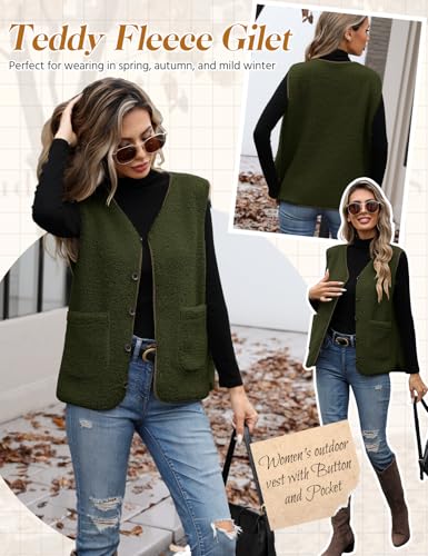 Women's Fleece Vests Button Warm Sleeveless Coat Vest Fall Fuzzy Lightweight Jackets Winter Soft Outerwear with Pockets2