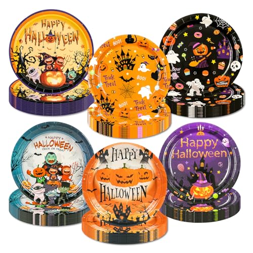 EVYIENEN 60 PCS Paper Plates,7 inch Halloween Paper Plates 6 Designs Pumpkin Monster Bat Skull and Ghost Disposable Cake Dessert Plates for Halloween Party Dinner Tableware Decoration Supplies
